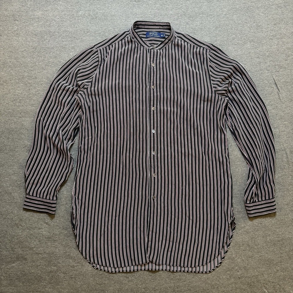 Polo Ralph Lauren Men's 100% Silk Grandad Striped Banded Collar Long Sleeve Sz M